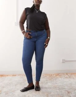 Noisy May Curve High Waisted Skinny Jeans In Mid Blue Wash For Women