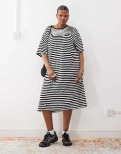 Noisy May Curve Midi T-shirt Dress In Black And White Stripe For Women Black & White