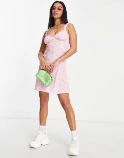 Noisy May Petite Ruffle Strap Mini Slip Dress In Pink Ditsy Print For Women -Noisy May Shop 202785436 4