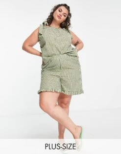 Noisy May Curve Ruffle Shorts Co-ord In Brown & Yellow Check For Women