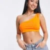 Noisy May Petite Cropped One Shoulder Top In Orange For Women Bright Orange