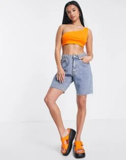 Noisy May Petite Cropped One Shoulder Top In Orange For Women Bright Orange -Noisy May Shop 202803464 4