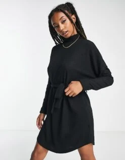Noisy May Tie Waist High Neck Knitted Mini Jumper Dress In Black For Women