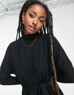 Noisy May Tie Waist High Neck Knitted Mini Jumper Dress In Black For Women -Noisy May Shop 203157714 3