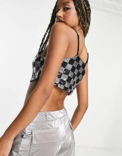 Noisy May Cami Top Co-ord In Sequin Checkerboard For Women Black And Silver -Noisy May Shop 203623835 3