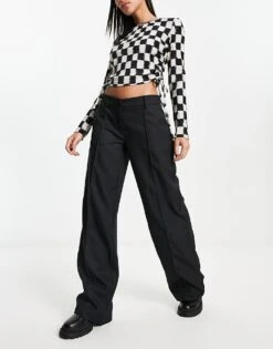 Noisy May Tailored Wide Leg Dad Trouser In Black For Women