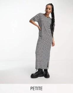 Noisy May Petite Maxi T-shirt Dress In Black & White Stripe For Women