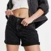 Noisy May High Waist Denim Mom Shorts In Washed Black Denim For Women
