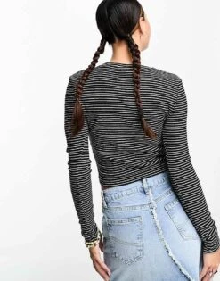 Noisy May Ribbed Long Sleeve Cropped Top In Black & White Stripe For Women Black Sugar Swizzle -Noisy May Shop 204949229 4