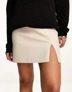 Noisy May Faux Leather Mini Skirt With Slit In Cream For Women 8 Noisy May Faux Leather Mini Skirt With Slit In Cream For Women -Noisy May Shop 205156576 4