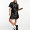 Noisy May Faux Leather Button Down Tie Waist Mini Dress In Black For Women