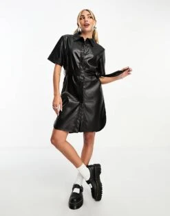 Noisy May Faux Leather Button Down Tie Waist Mini Dress In Black For Women