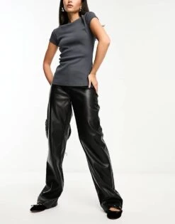 Noisy May High Waisted Faux Leather Trousers In Black For Women
