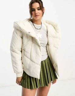 Noisy May Padded Jacket With Oversized Hood In Cream For Women Sugar Swizzle