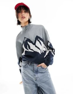 Noisy May Half Zip Knit Mountain Pullover In Blue For Women Monument Comb