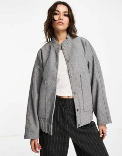 Noisy May Brushed Bomber Jacket In Light Grey For Women Light Grey Melange