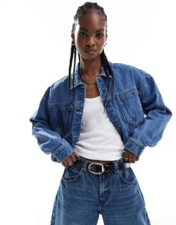 Noisy May Boxy Cropped Denim Jacket In Mid Wash Blue For Women Medium Blue Denim