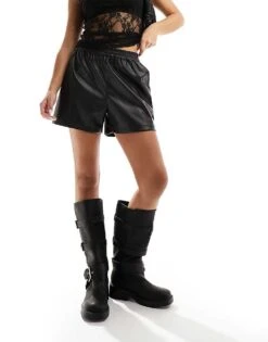 Noisy May Faux Leather High Wasted Short In Black For Women -Noisy May Shop 205630625 4