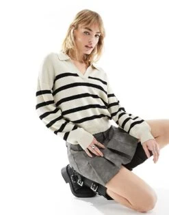 Noisy May Knitted Stripe Polo In Oatmeal For Women -Noisy May Shop 205630641 1 oatmeal 1