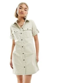 Noisy May Rolled Sleeve Denim Mini Dress In Oatmeal For Women