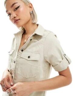 Noisy May Rolled Sleeve Denim Mini Dress In Oatmeal For Women -Noisy May Shop 205630659 3