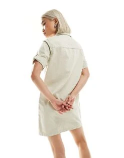 Noisy May Rolled Sleeve Denim Mini Dress In Oatmeal For Women -Noisy May Shop 205630659 4