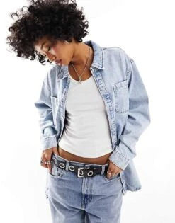 Noisy May Oversize Denim Shaket In Light Blue Wash For Women Light Blue Denim