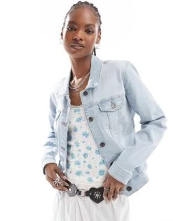 Noisy May Fitted Denim Jacket In Light Wash Blue For Women Light Blue Denim -Noisy May Shop 205630799 3