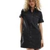 Noisy May Rolled Sleeve Denim Mini Dress In Washed Black For Women