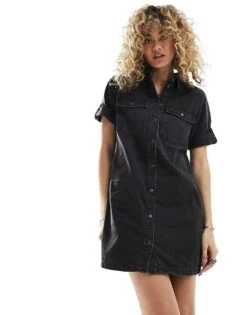 Noisy May Rolled Sleeve Denim Mini Dress In Washed Black For Women