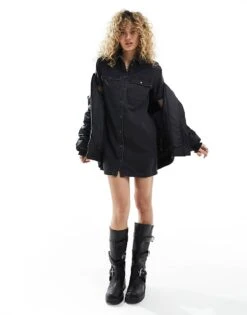 Noisy May Rolled Sleeve Denim Mini Dress In Washed Black For Women -Noisy May Shop 205630979 3