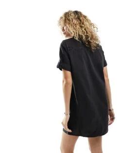 Noisy May Rolled Sleeve Denim Mini Dress In Washed Black For Women -Noisy May Shop 205630979 4