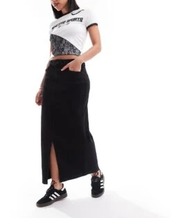 Noisy May Front Split Denim Maxi Skirt In Black For Women Black Denim