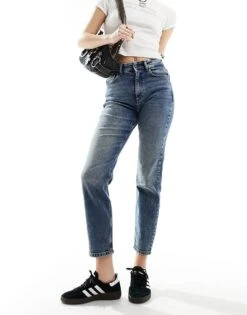 Noisy May Moni High Waisted Straight Jeans In Mid Wash Blue For Women Dark Blue Denim -Noisy May Shop 205631059 1 darkbluedenim 1