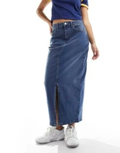 Noisy May Front Split Denim Maxi Skirt In Mid Wash Blue For Women Medium Blue Denim -Noisy May Shop 205631075 4
