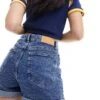 Noisy May Moni High Waisted Turn Up Hem Denim Short In Mid Wash Blue For Women Medium Blue Denim