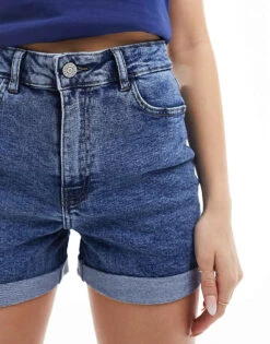 Noisy May Moni High Waisted Turn Up Hem Denim Short In Mid Wash Blue For Women Medium Blue Denim -Noisy May Shop 205631098 5