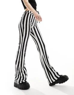 Noisy May Jersey Flare Trouser In Stripe For Women Black White Disorted -Noisy May Shop 205692641 3
