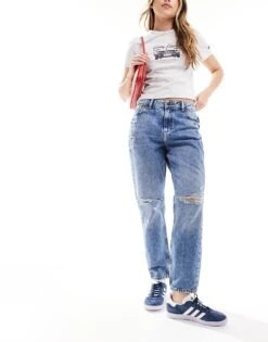 Noisy May Moni High Waisted Ripped Straight Leg Jean In Mid Wash For Women Medium Blue Denim