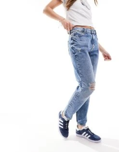 Noisy May Moni High Waisted Ripped Straight Leg Jean In Mid Wash For Women Medium Blue Denim -Noisy May Shop 205692696 4