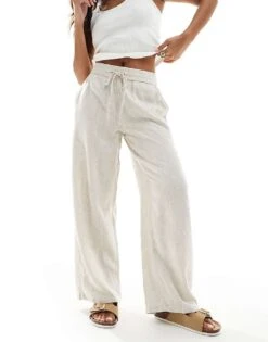 Noisy May Petite Loose Fit Linen Mix Trouser In Oatmeal For Women Natural