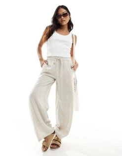 Noisy May Petite Loose Fit Linen Mix Trouser In Oatmeal For Women Natural -Noisy May Shop 205739709 4