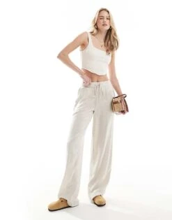 Noisy May Tall Loose Fit Linen Mix Trouser In Oatmeal For Women Natural
