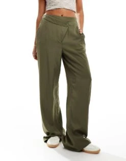 Noisy May Wide Leg Satin Trousers With Asymmetric Waistband In Khaki For Women Kalamata