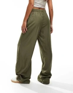 Noisy May Wide Leg Satin Trousers With Asymmetric Waistband In Khaki For Women Kalamata -Noisy May Shop 205746959 3