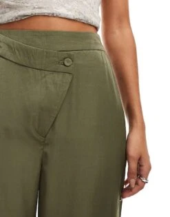 Noisy May Wide Leg Satin Trousers With Asymmetric Waistband In Khaki For Women Kalamata -Noisy May Shop 205746959 5
