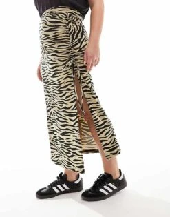 Noisy May Curve Adjustable Rushed Midi Skirt In Beige Zabra Print For Women Nomad Black Zebra -Noisy May Shop 205778298 4