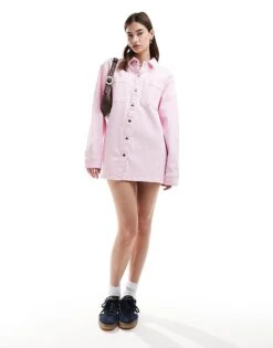 Noisy May Denim Shirt Mini Dress In Pink For Women Pirouette