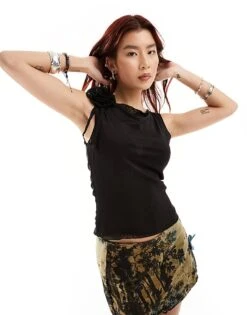 Noisy May Sheer Mesh Top With Rose Detail In Black For Women