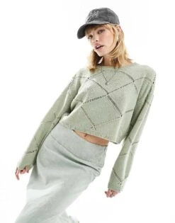Noisy May Pointelle Wide Neck Jumper In Light Green For Women Desert Sage